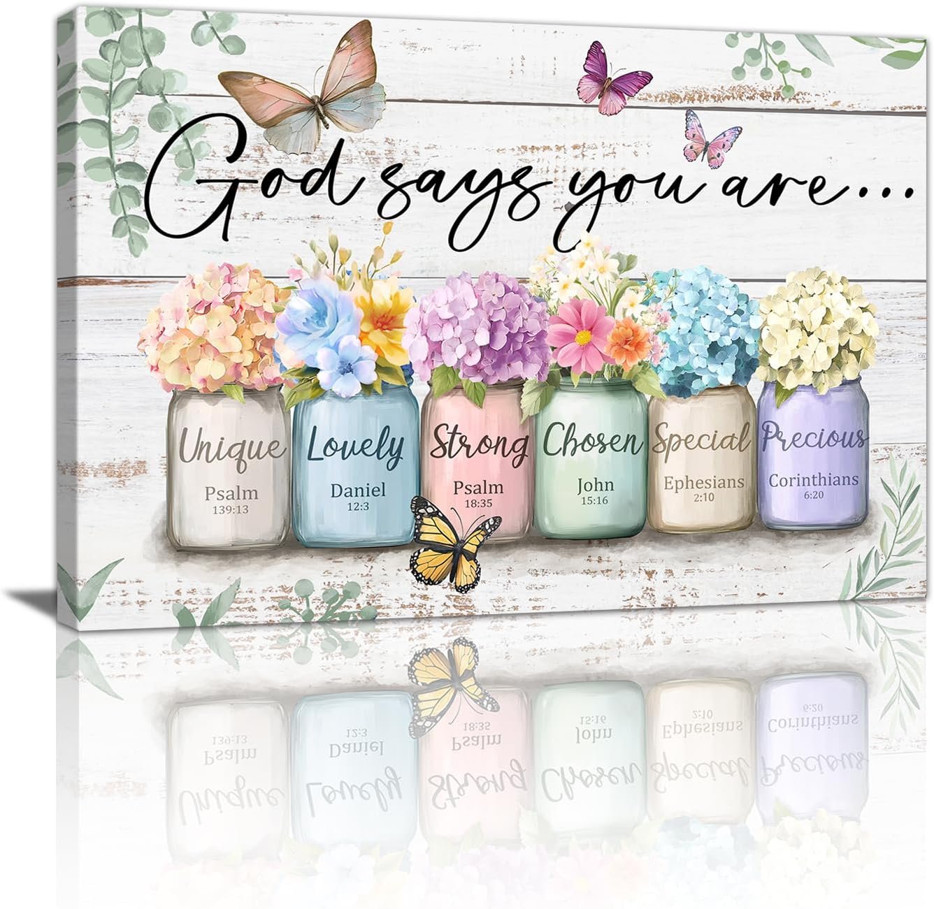 God Says You Are Canvas Wall Art Christian Inspirational Bible Verse Wall Painting Religious Scripture Encouragement Gifts for Women Hydrangea in Mason Jar Butterfly Picture Decor for Bedroom 12×16 inch
