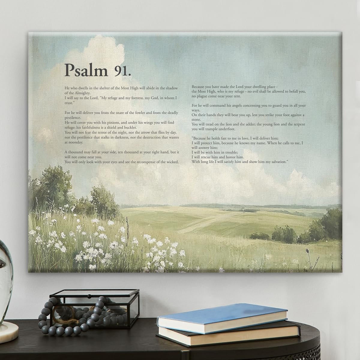 Bible Verse Psalm 91 Canvas Wall Art Christian Scripture Poster Modern Landscape Picture Painting Artwork Framed for Home Decor 8×10 Inches, Baptism Baby Shower Birthday Gifts