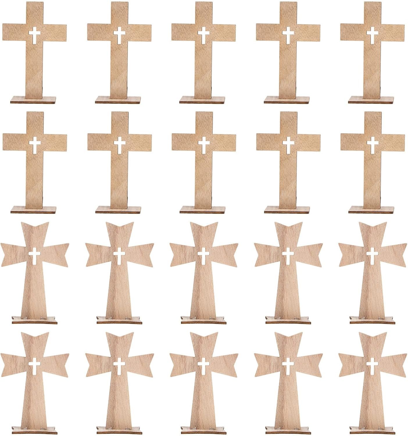 Sewroro 20pcs Wood Standing Crosses, Wooden Tabletop Cross Wood Catholic Standing Cross with Bases Unfinished Wooden Cross for Home Decoration (Random Style)