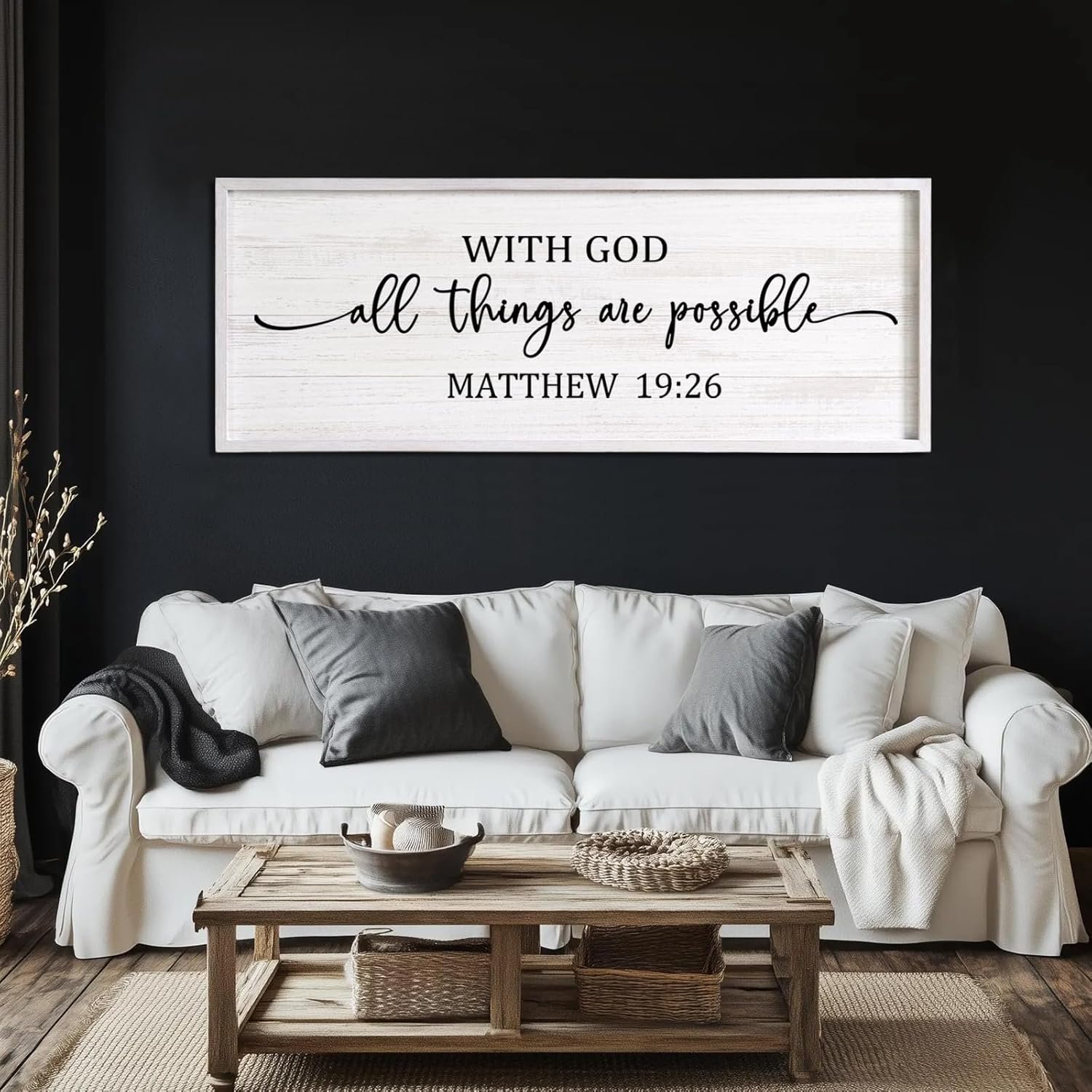 With God All Things are Possible Framed Wall Art, 40”×15” Vintage Holy Religious Rustic Bible Verse for Christian God Jesus Christ Prayer, Positive Horizontal Inspirational Catholic Scripture Decor