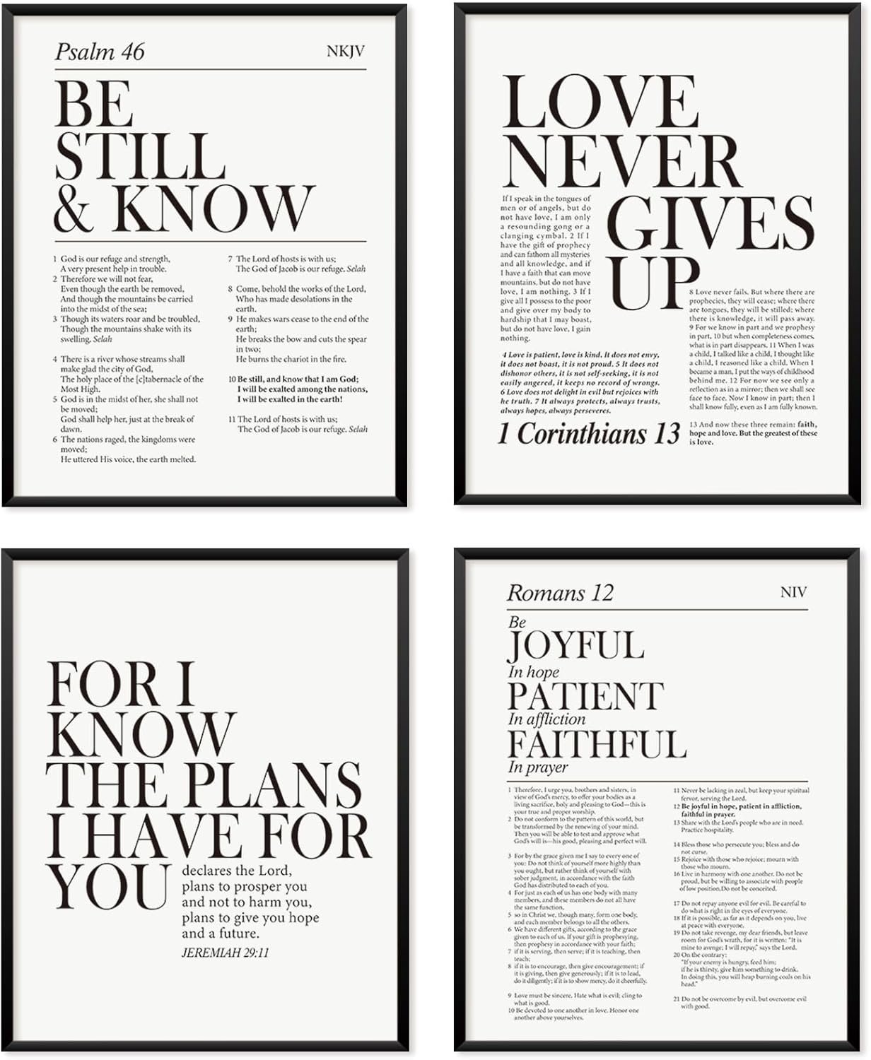 Locomiss Black and White Christian Wall Art Decor, Modern Bible Verse Prints, Minimalist Jesus Scripture Wall Decor, Inspirational Bible Posters for Bedroom Office Living Room, Set of 4 (8×10 Unframed)