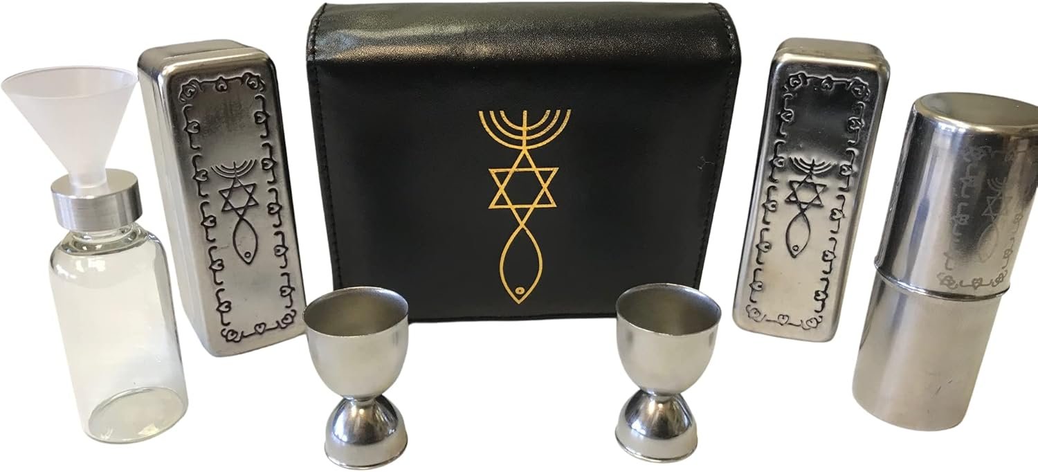 Messianic Portable Communion Set – Travel Essentials for 2 with Leather Bag, Communion Cups and Wafer Set & Juice Vial – Hebraic Roots Kit for Spiritual Journeys