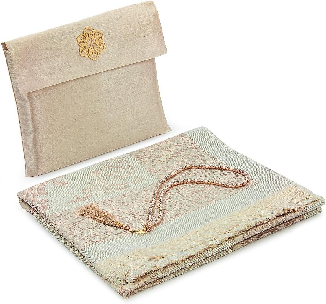 ihvan online Muslim Prayer Rug with 99 Beads Tasbih & Travel Bag, Soft Taffeta Sajadah, Lightweight & Foldable Janamaz, Portable Prayer Mat, Islamic Gift for Eid, Ramadan, Hajj & Umrah, Gold