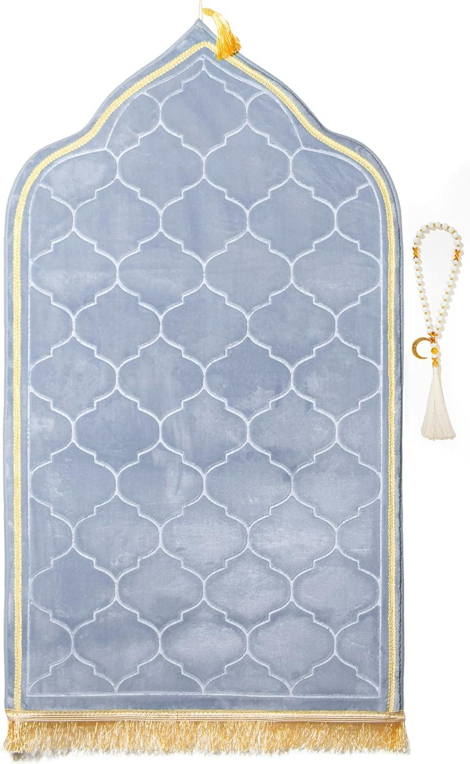 Muslim Prayer Rug with Tasbih Prayer Beads, Soft Memory Foam Prayer Matt Islam, Padded Islamic Prayer Mat Thick for Men and Women, Janamaz, Sajadah (25.6″ x 43.3″, Grey)