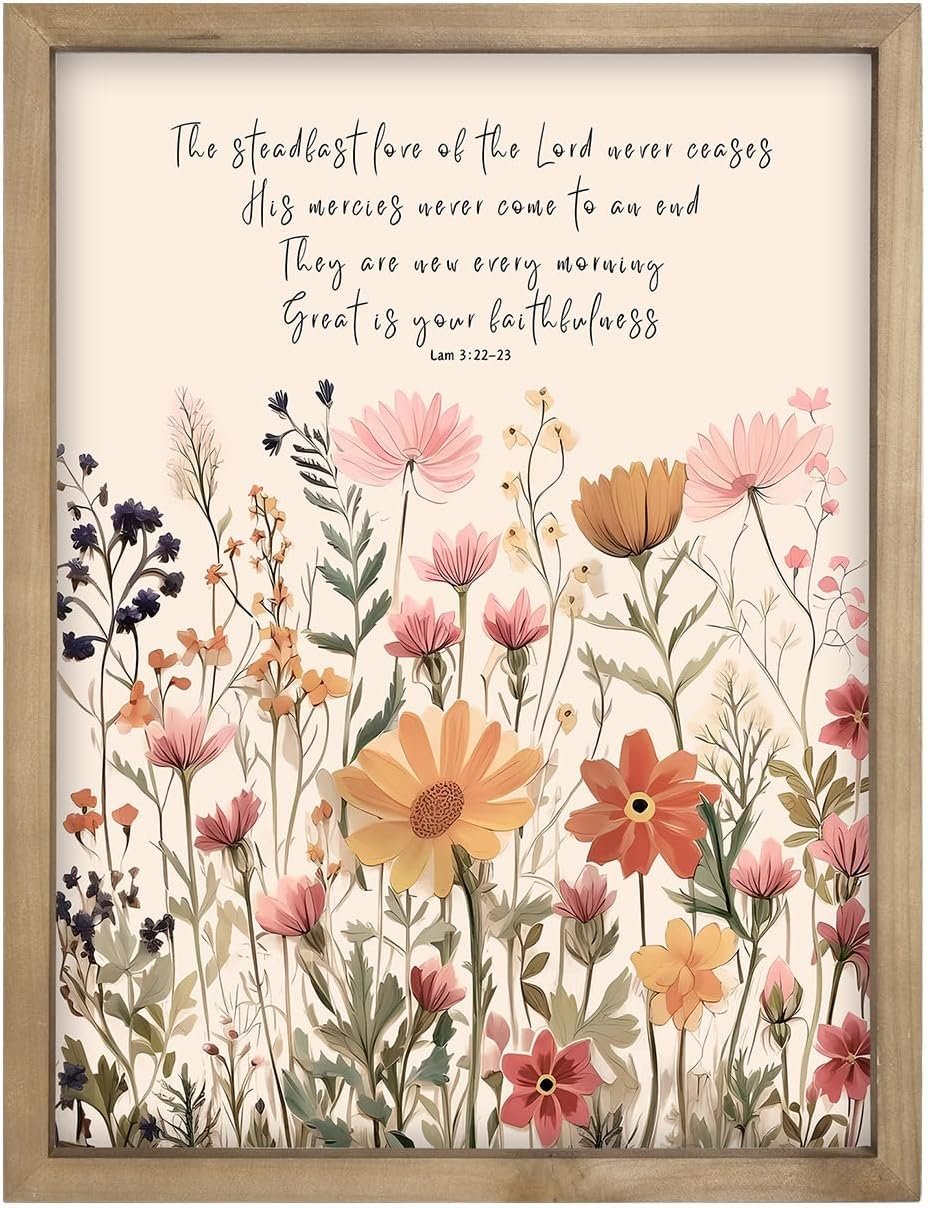 pechpell 15.7×11.8 Inch Bible Verses Wall Decor, Wooden Christian Faith Quotes Flower Wall Art, Rustic Wildflower Prints for Living Room Bedroom Bathroom Office Spring Home Decorations