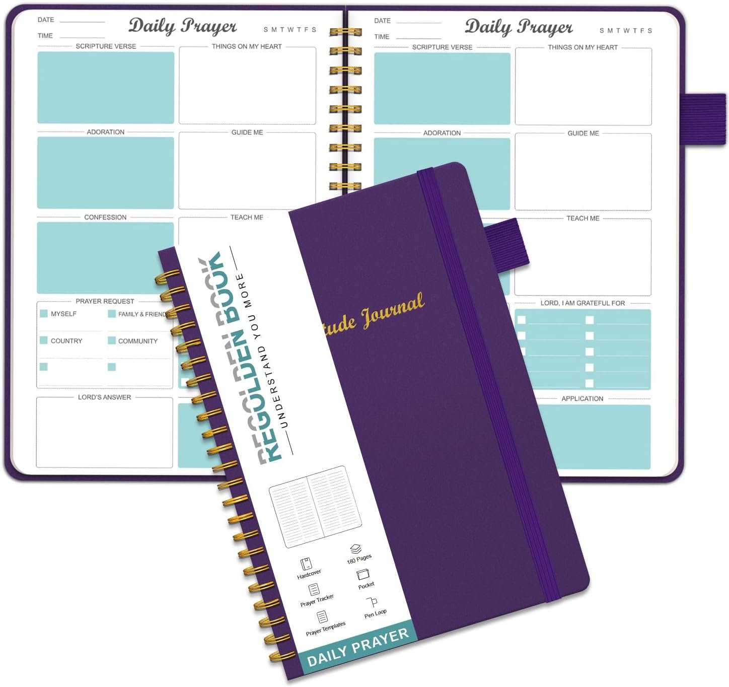 Regolden-Book Prayer Journal for Women, Daily Bible Journal, Devotional Journal, Verse Inspirational Writing Spiral Notebook for Christian Gifts, Lasts 6 Months (8.5×5.5”), Purple