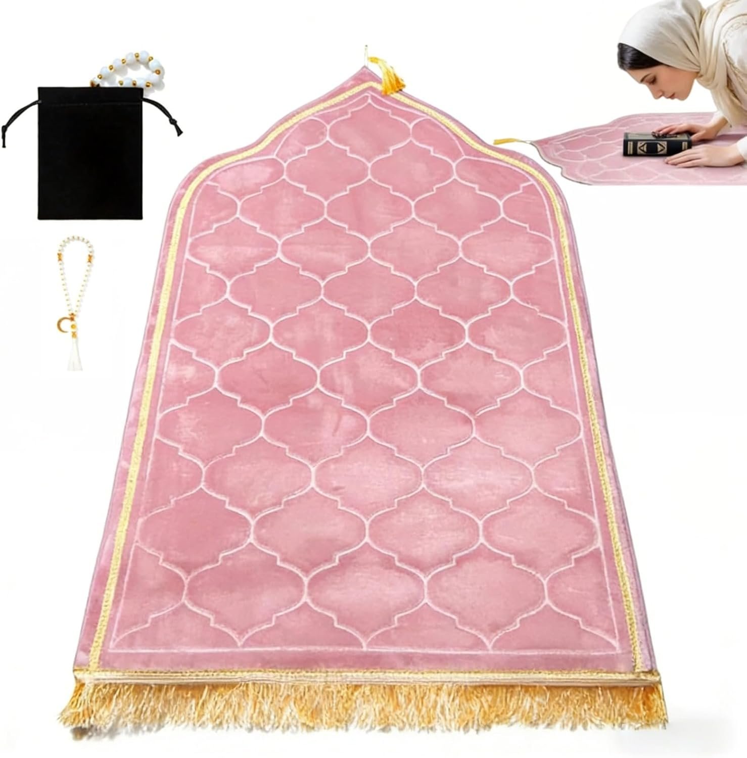 Muslim Prayer Rug – Soft Slow Recovery Foam Islamic Prayer Mat with Tasbih Beads – Thick Padded for Men, Women & Kids for Salah, Ramadan and Eid – 25.6″ x 43.3″, Pink
