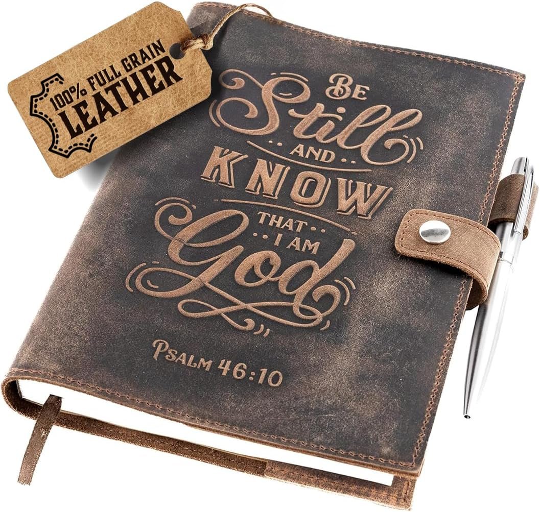 moonster Refillable Psalm 46:10 Bible Verse Embossed Journals with Pen – Milled A5 Leather Journal Lined Paper – Journals for Women Notebook with Pen Holder – 320 Pages