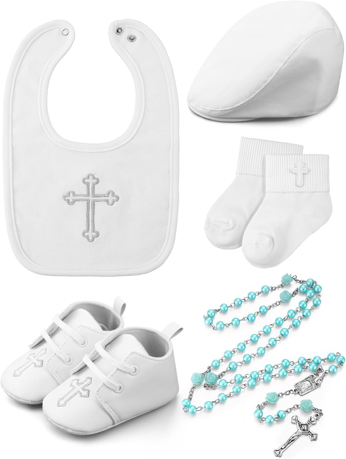 5 Pcs Baptism Gifts for Baby Boys Include White Embroidered Cross Bib Christening Socks Shoes Baptism Hat and Rosary christening outfits for Boys Toddler Infant First Communion Gift
