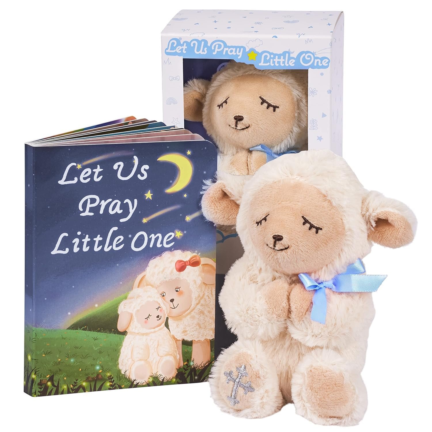 MyMateZoe Baptism Gifts for Boys, Great Christening, Dedication and Baptism Gift Set for Boys and Newborn Baby, Includes 7″ Praying Lamb Plush Toy and Let Us Pray Baby Book in Keepsake Gift Box