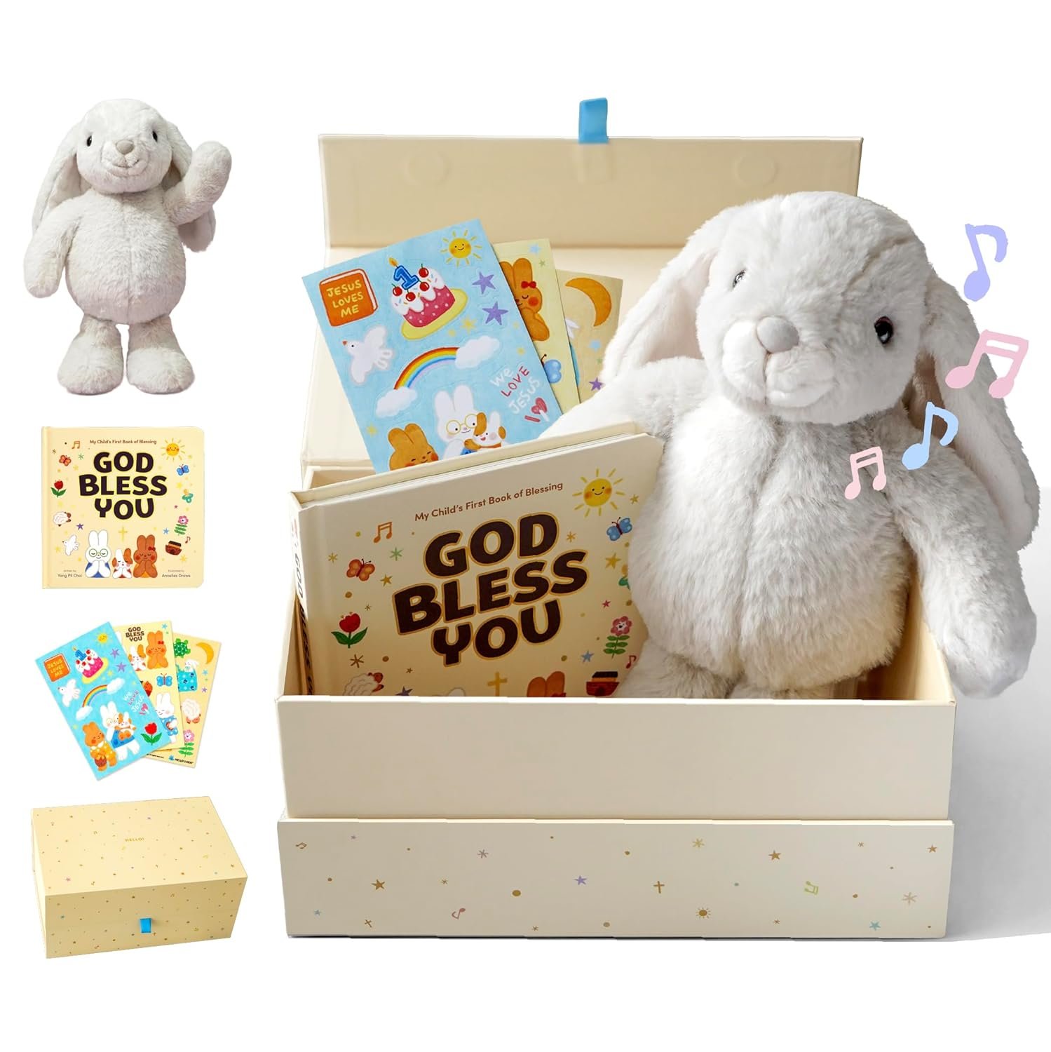 Praise Bunny Christian Gift Set for Kids – 11” Singing Plush Toy with 3 Bible Songs, Hardcover Blessing Book, Keepsake Box, Stickers – Birthday, Christening Gift for Baby, Toddlers