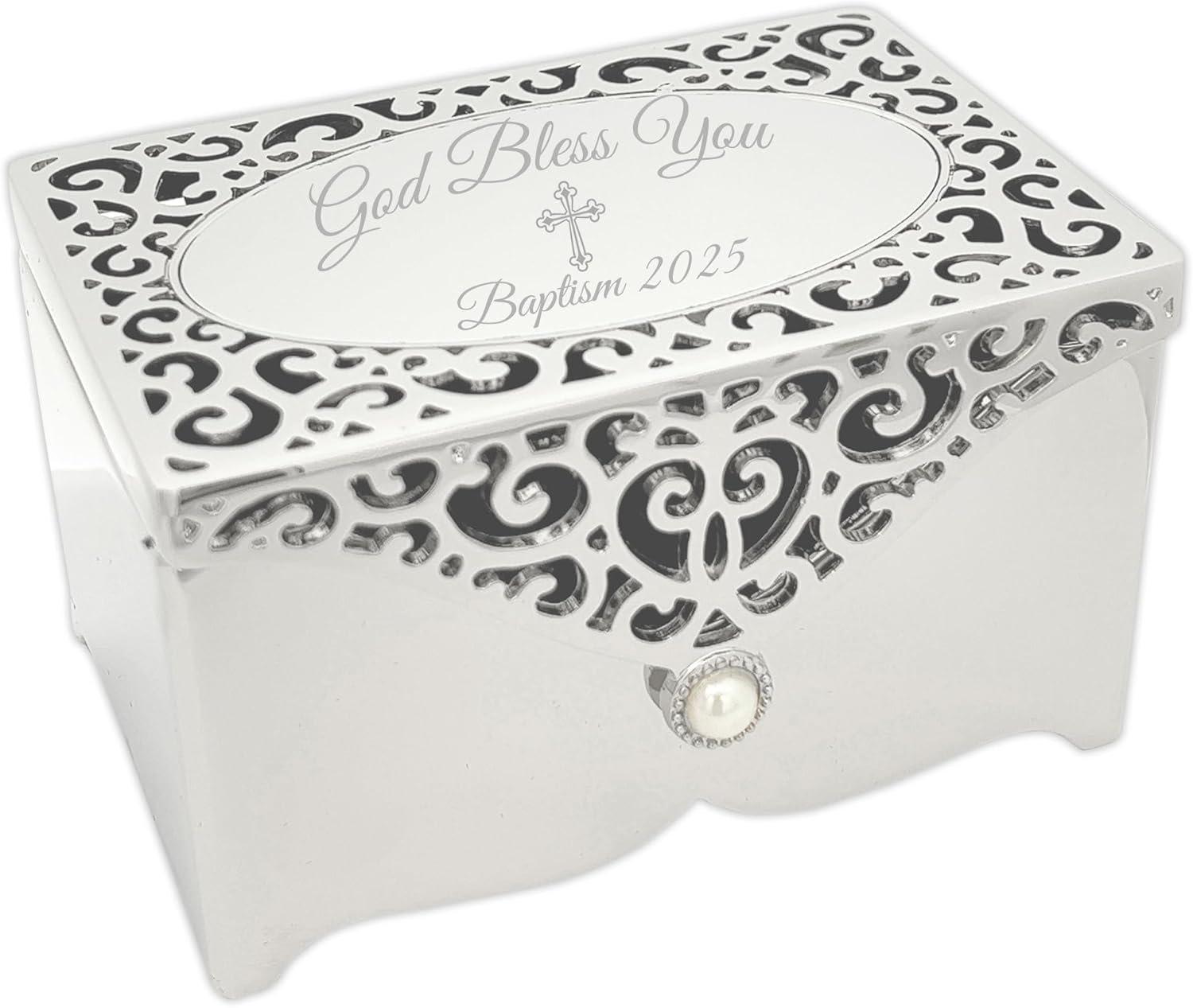 Cherished Moments Jewelry Keepsake Box with Filigree Design and Engraved Cross for Baptism Gift for Girls, Silver Toned