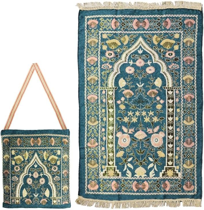 Muslim Prayer Mat, Islamic Prayer Rug, Islamic Prayer Mat with Elegant Design Bag, Portable Foldable Prayer Rug, Ramadan Prayer Rug, Muslim Foldable Prayer Mat, for Ramadan (Dark Green)