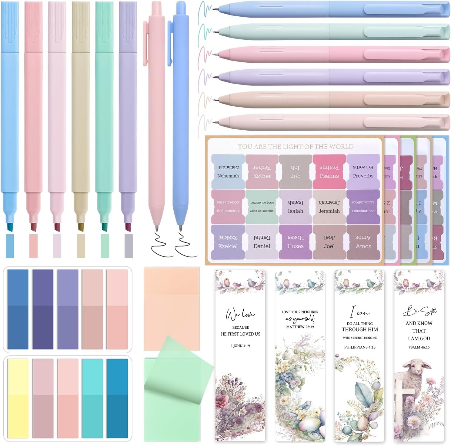Bible Study Supplies Journaling Kit for Women, Bible Study Kit with 14 No Bleed Highlighters and Pens, 2 Transparent Sticky Notes, 2 Index Stickers, 75 Tabs for Christian Gifts