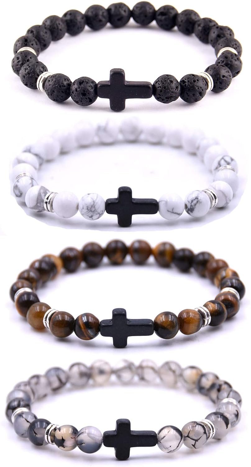 Softones 4PCS Cross Beads Bracelet for Men Women 8mm Healing Lava Stone Stretch Bracelets,7.5″