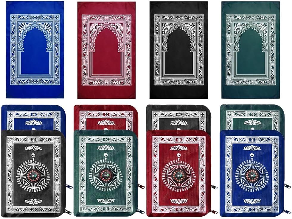 Anlising 8 Pieces Portable Travel Prayer Mat with Compass, 60CM×100CM Waterproof Polyester Prayer Rug, Muslim Travel Prayer Mat, for Ramadan Gifts, Islamic Muslim Prayer (Black, Green, Blue, Red)