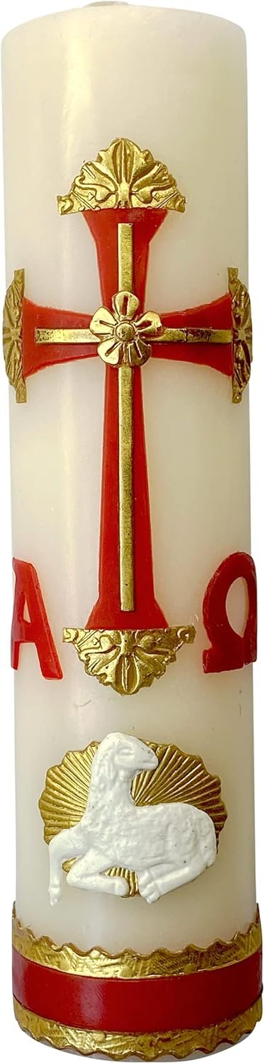 Alpha Omega Candle for Baptism, Confirmation, Easter Lent Cirio para Bautizo, Confirmacion O Boda Cirio Pascual (Red)