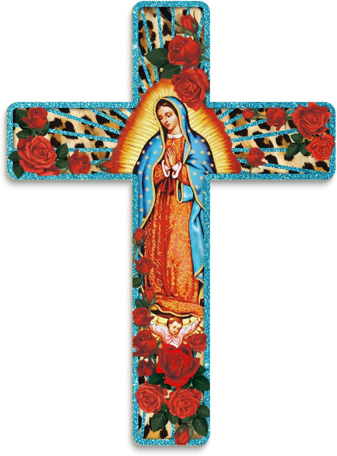 Putuo Decor Floral Cross Wall Decor Painted Decorative Wooden Inspirational Cross Spanish Style Wall Cross Decor Mexican Art Wall Decor Crucifix for Home Room Church Decoration