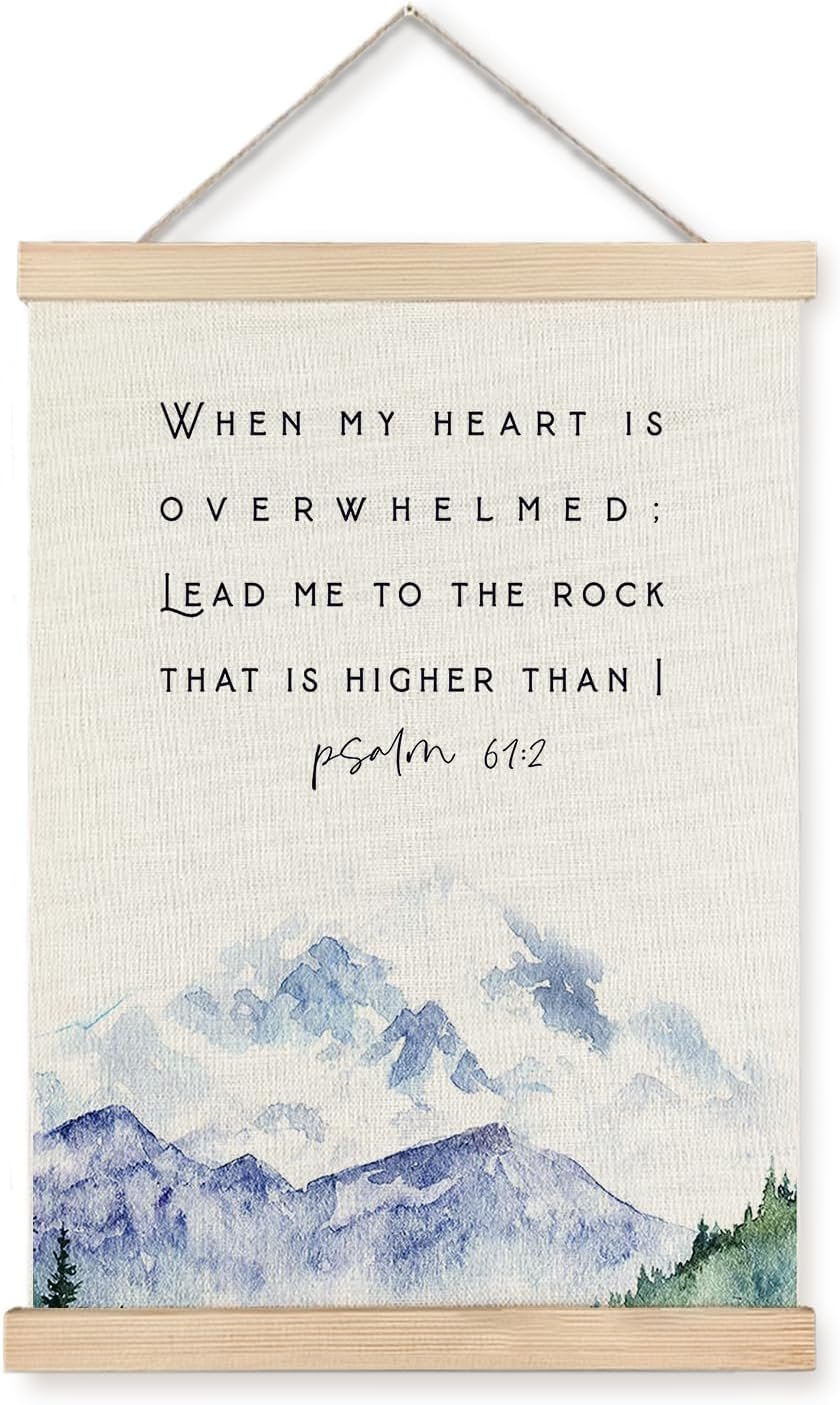 BearCake Blue Christian Prayer Wall Art Canvas Decor,When My Heart is Overwhelmed Psalm 61 : 2 Bible Verses Wall Art Decor for Prayer Room, 12×16 Inch