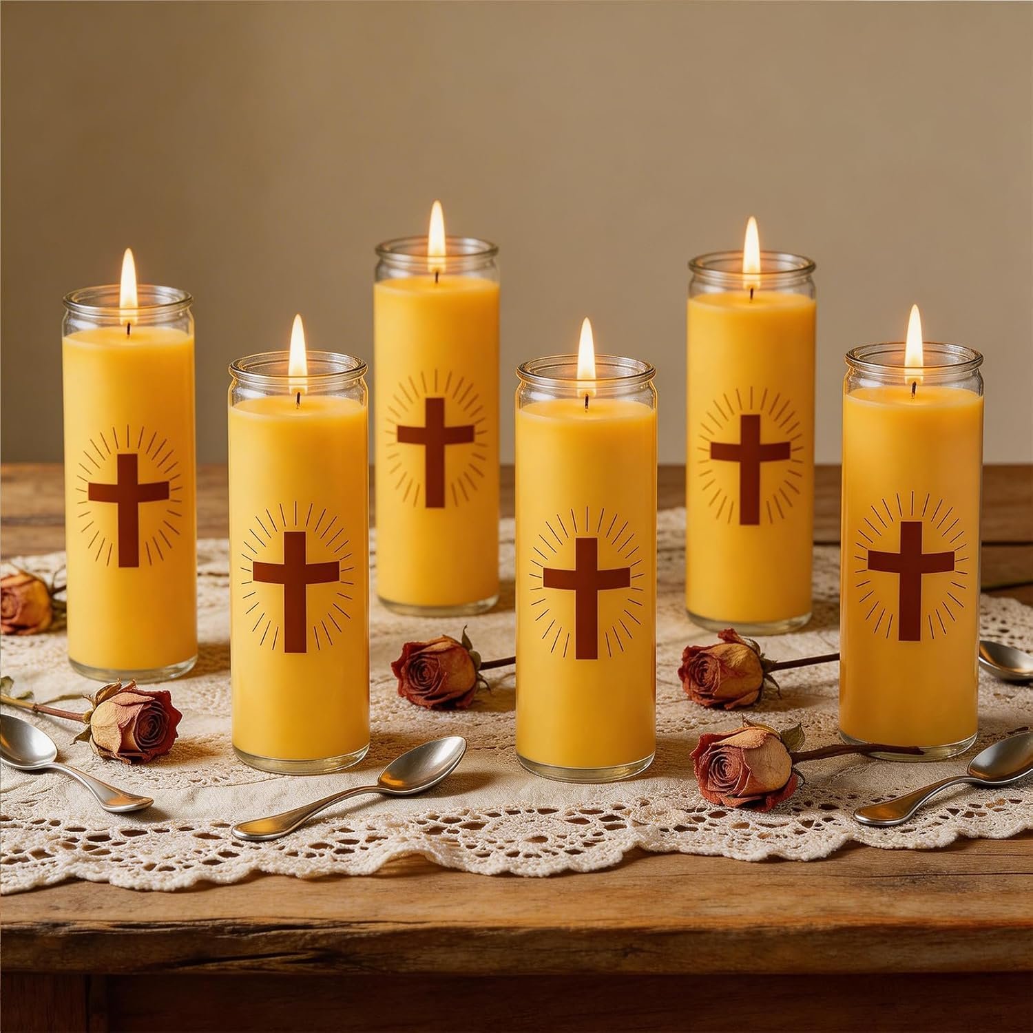 6 Pack Pure Beeswax Prayer Candles, 7-Day Devotional, Safe Blown Glass Jars with Cross, Long Burning, Smokeless Honey Fragrance Catholic Candles for Vigil, Church & Memorials