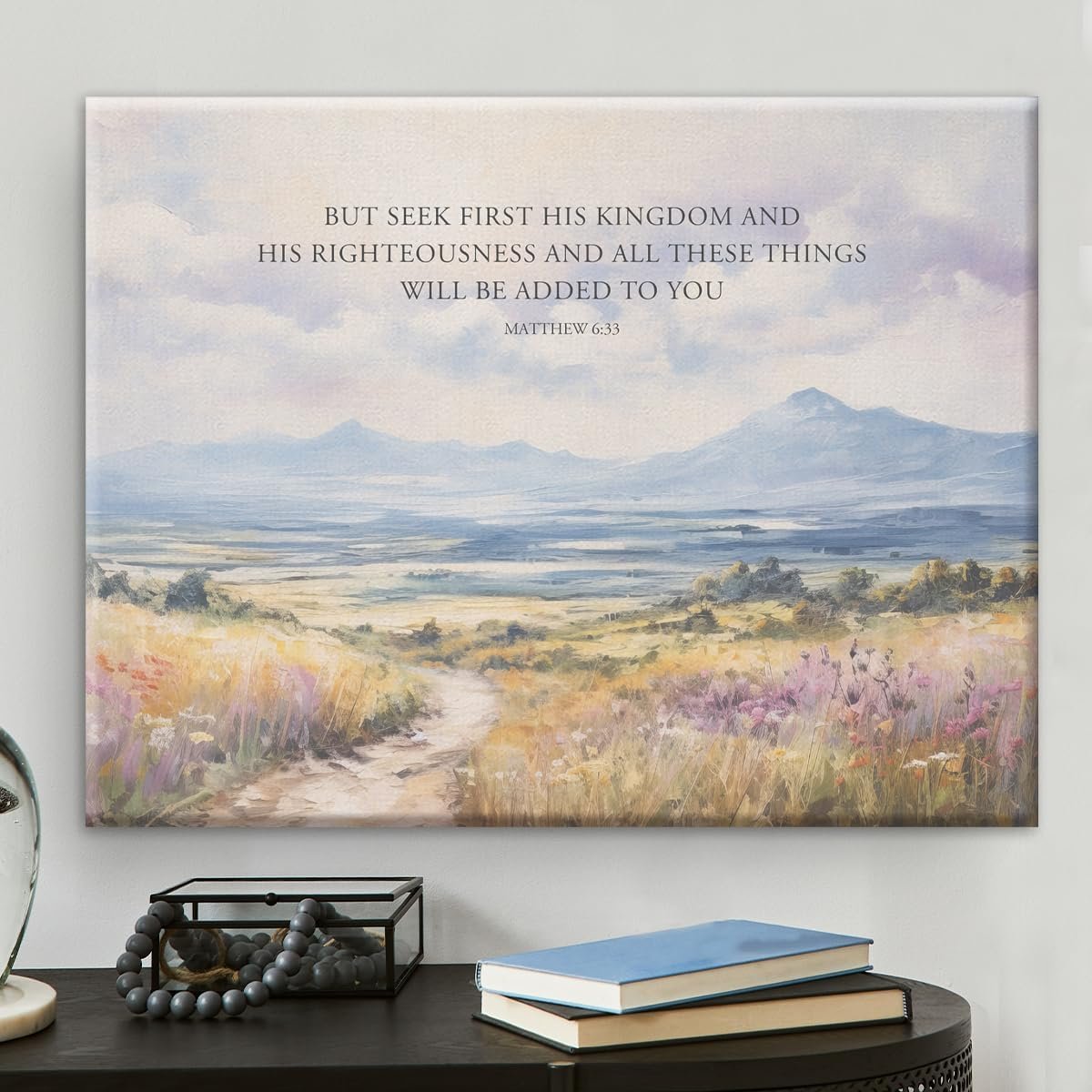 Bible Verse Canvas Wall Art Christian Matthew 6:33 But Seek First His Kingdom Scripture Print Painting Poster Picture Artwork Framed for Home Decor 8×10 Inches