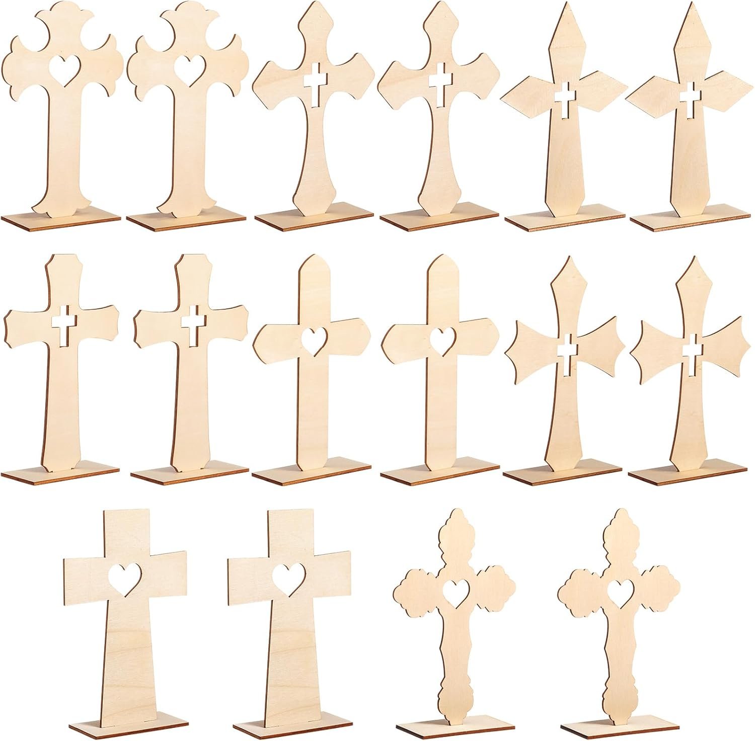 Bucherry 16 Pcs Wood Crosses for Crafts Catholic Wooden Crosses Bulk Wood Standing Cross for Table Unfinished Wood Cross 8 Styles for First Communion Baptism Table Centerpiece Easter Decor Gift