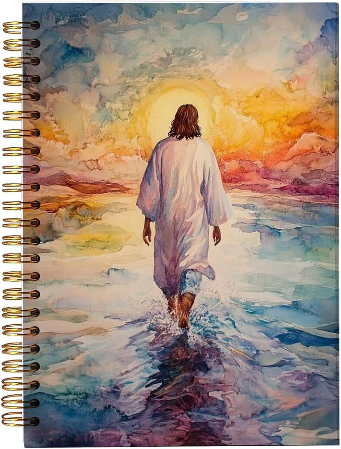 bitCNY Jesus Walking on Water Notebook 8.3×5.5 Inch – Watercolor Christian Spiral Journal, Inspirational Bible Verse Notebook, Lined for Notes & Prayer