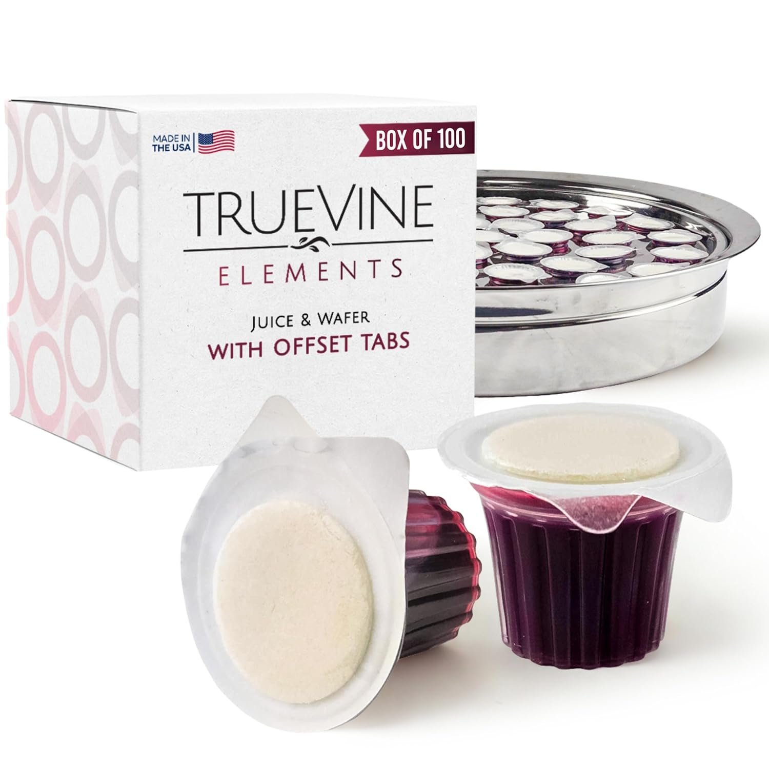 TrueVine Elements Cup – Prefilled Communion Cups and Wafer Set, Offset Tabs, Juice & Crispy Wafer, Sealed for Freshness, Holy Communion Bread and Juice for Church & Worship Gatherings (Box of 100)