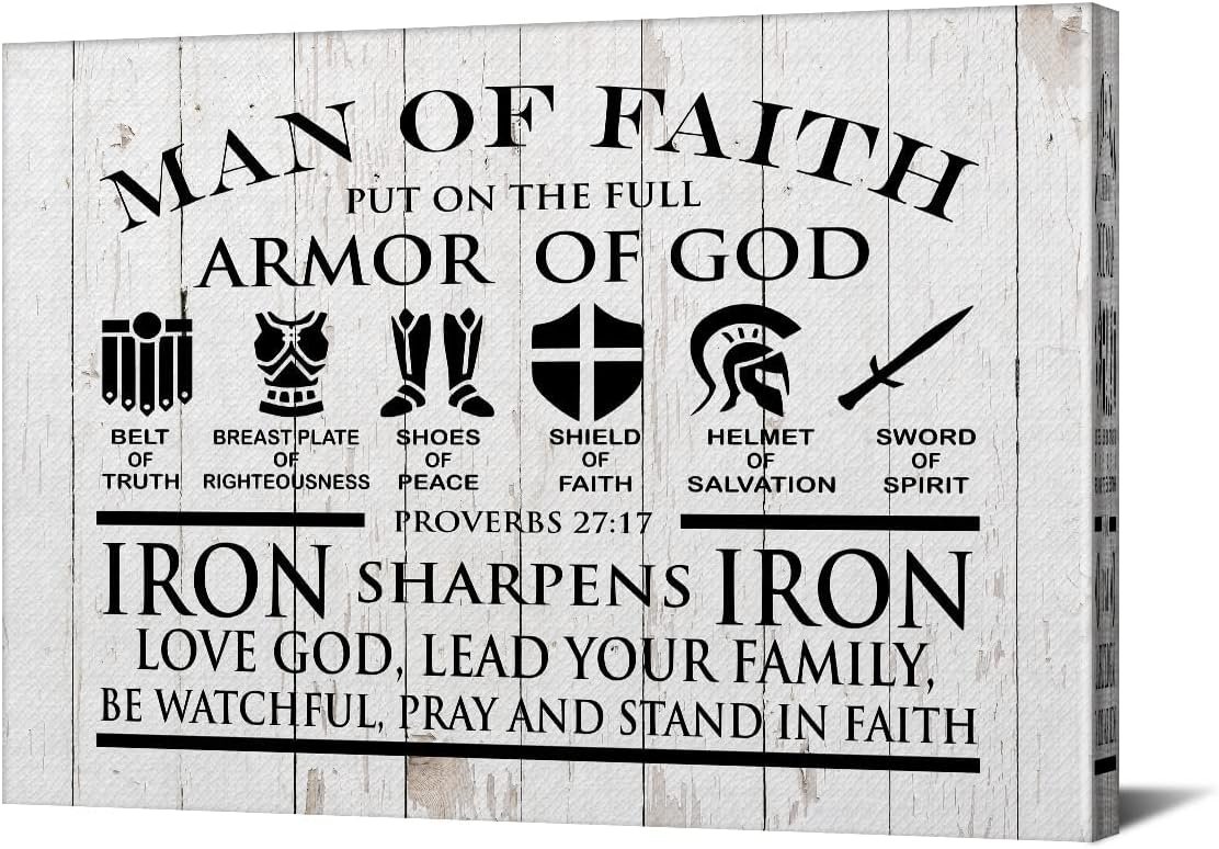 Christian Canvas Wall Art Framed Man of Faith Quotes Proverbs 27：17 Bible Poster Print Canvas Painting Picture Sign Home Decoration 12×15…