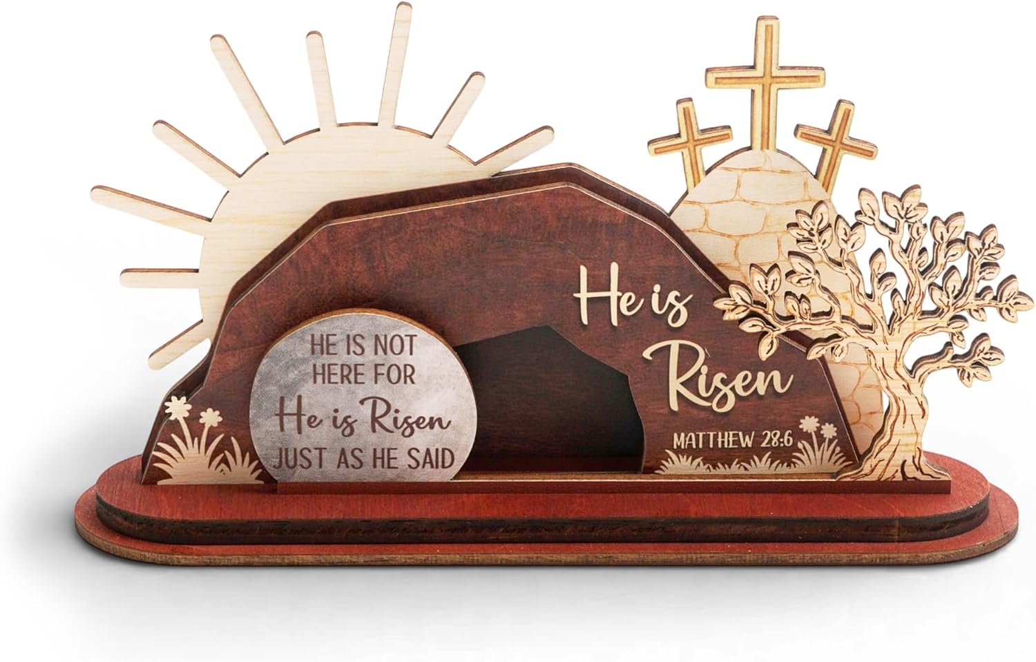 He is Risen Easter Decor – Wooden Resurrection Scene with Empty Tomb, Cross & Figurines, Christian Religious Tabletop Decoration for Home, Faith easter Gifts, EASTERr Basket Stuffer