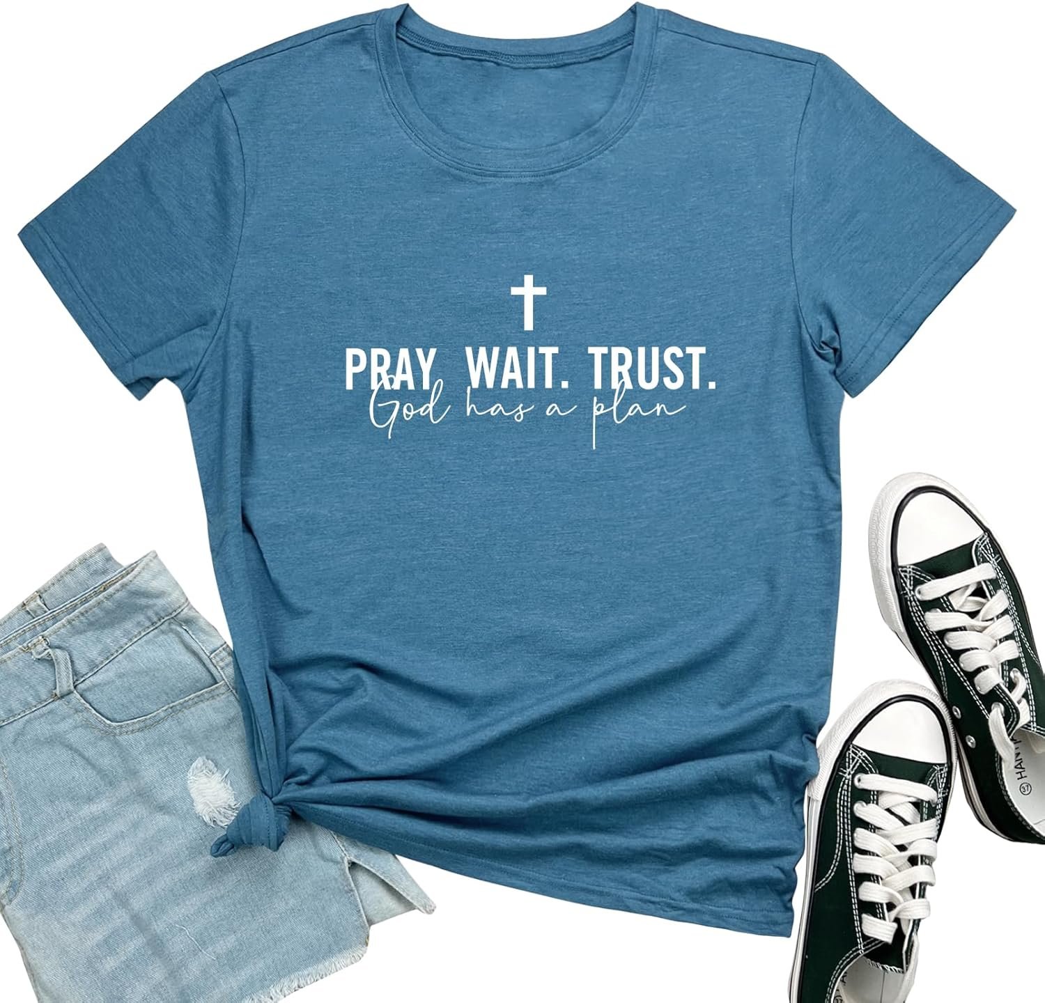 ROSEPARK Women Pray Wait Trust Cute Graphic Tee Shirts