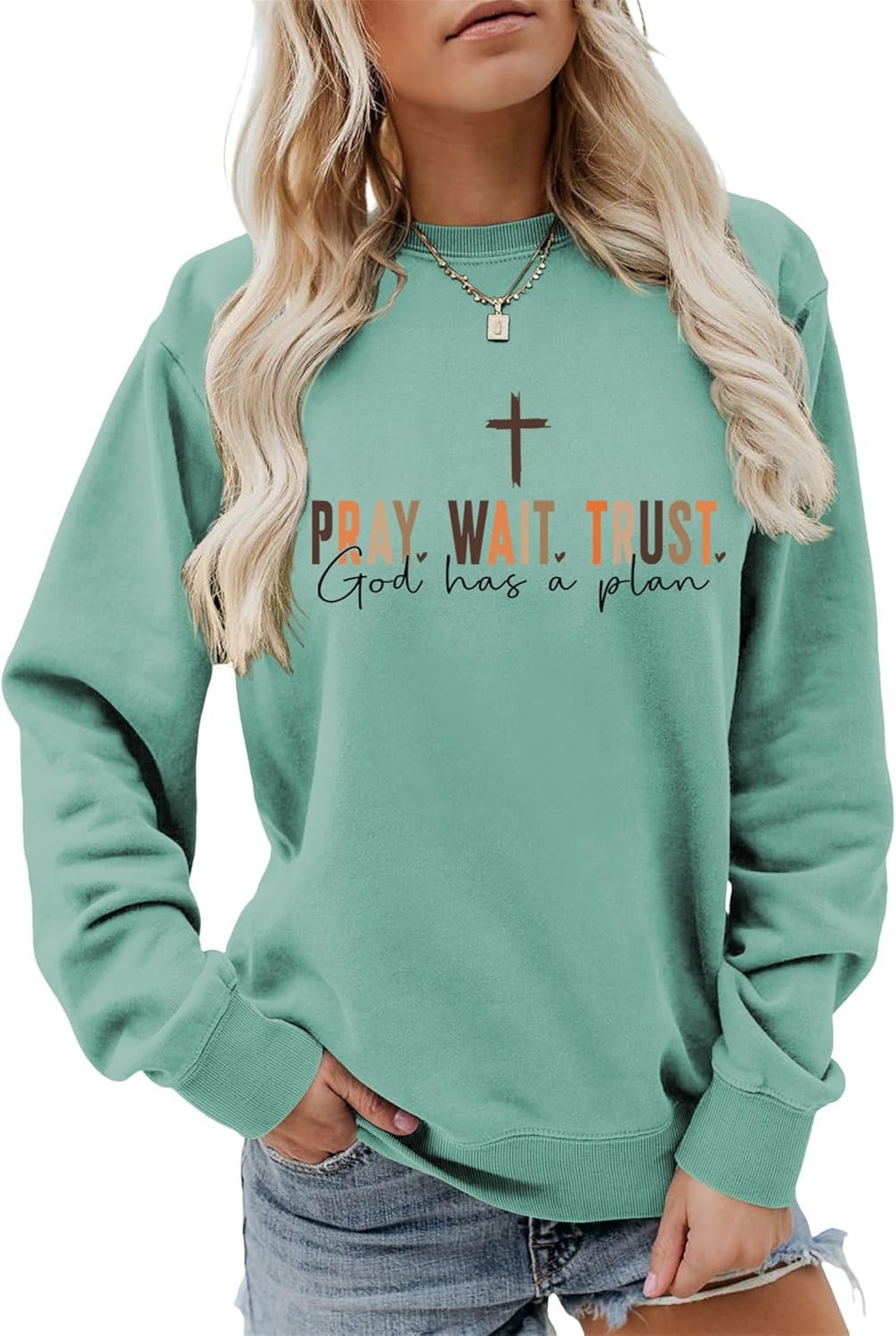 Pray Wait Trust God Has A Plan Christian Sweatshirt Women Cross Graphic Crewneck Pullover Long Sleeve Religious Tops