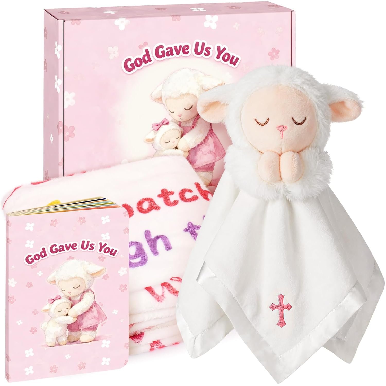 Baptism Gifts for Girl, Loveys for Babies Lamb Security Blanket, Plush Lamb Lovey with Cross Embroidery, Christening Gift Set with Baby Throw Blanket & First Prayer Book
