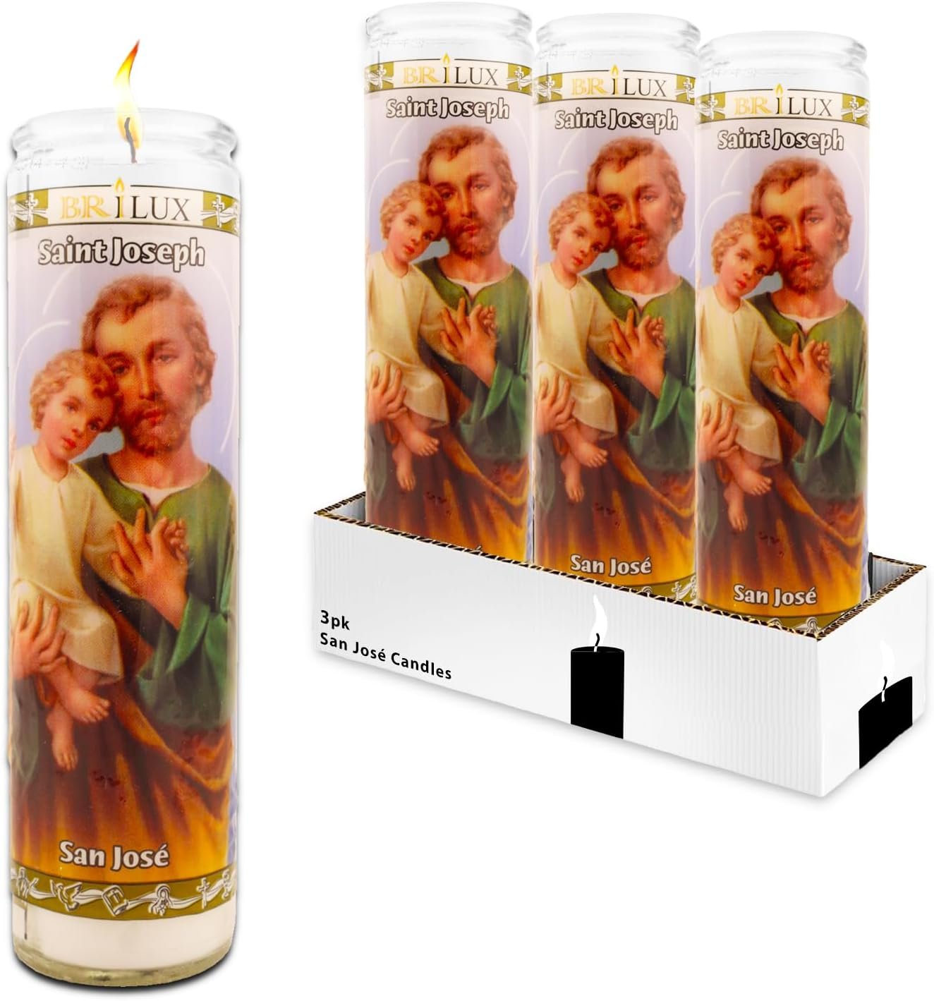 3 Pack San Jose 8″ White Religious Candles – Bundle with 3 Glass Saint Joseph Devotional Candles for Vigils, Prayer, Blessing Ceremonies | Unscented Devotional Candles