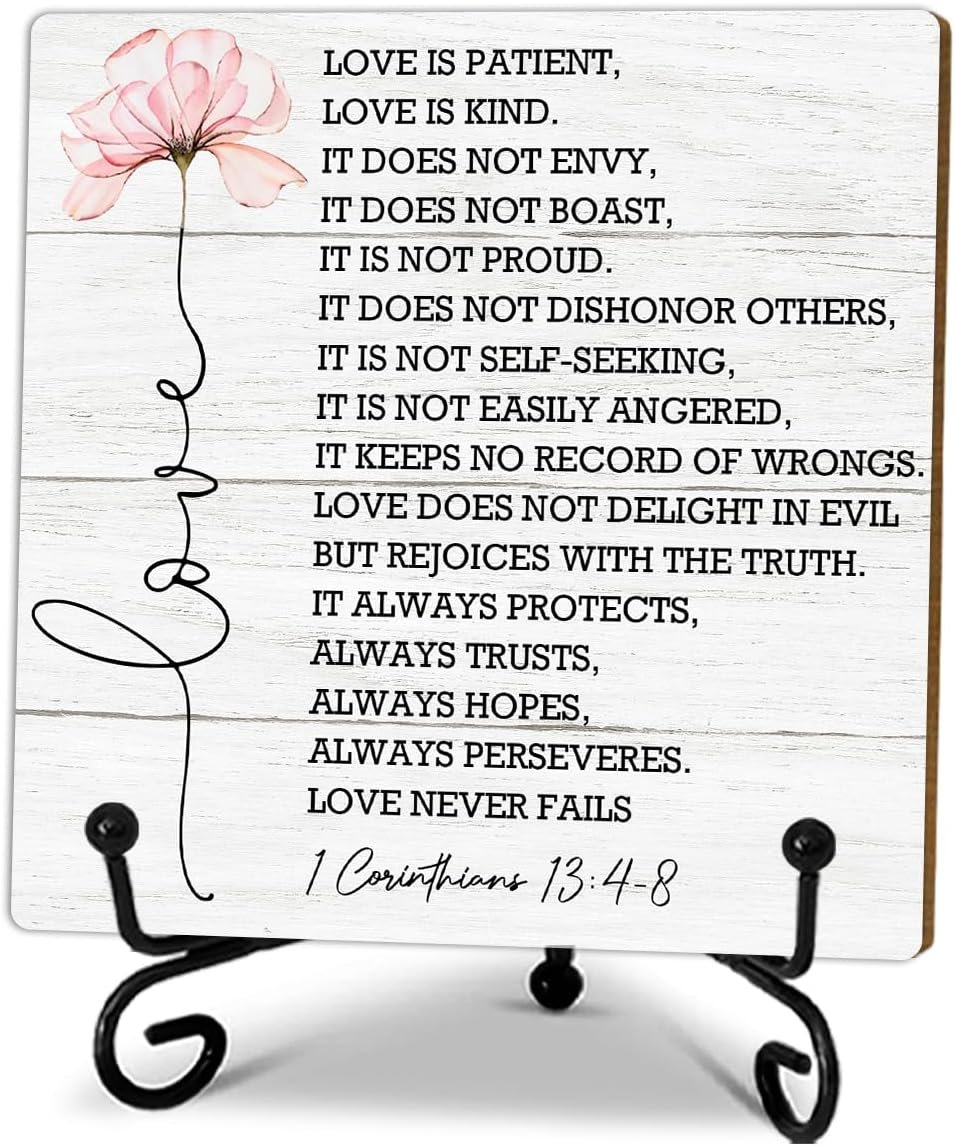 5’’ Love Is Patient Love Is Kind Wooden Plaque With 1 Metal Support – Mothers Day & Christian Gifts Religious Wood Sign – Home Desk Decor Gifts Bible Verse Tabletop Decor For Home Office Shelf-A09