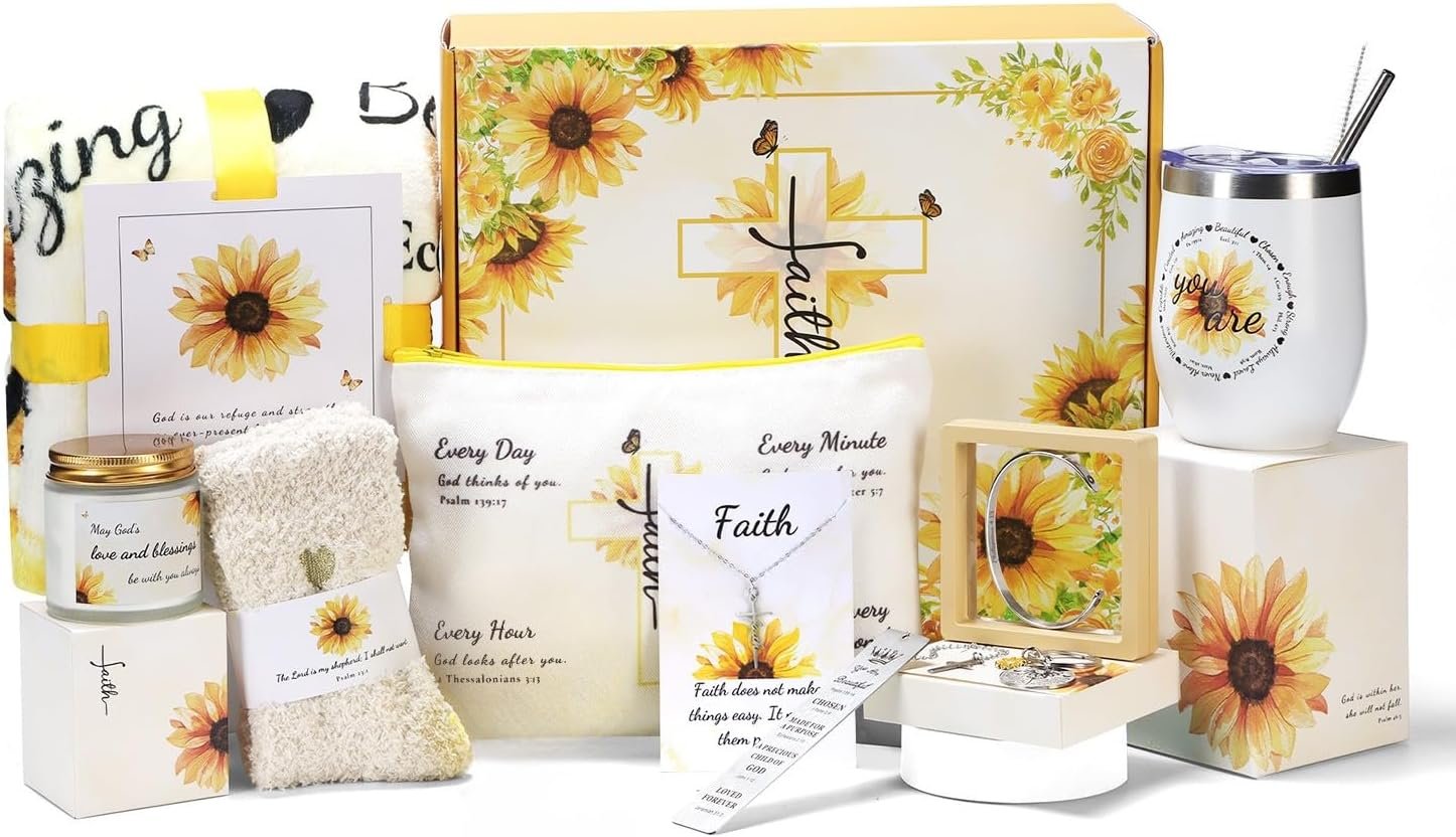 Christian Sunflower Gifts for Women,11pc Religious Faith Inspirational Catholic Gifts with Bible Verse for Birthday,Christmas,Get Well Soon Gift Baskets for Mom,Friend,Sister,Mother,Grandma,Wife