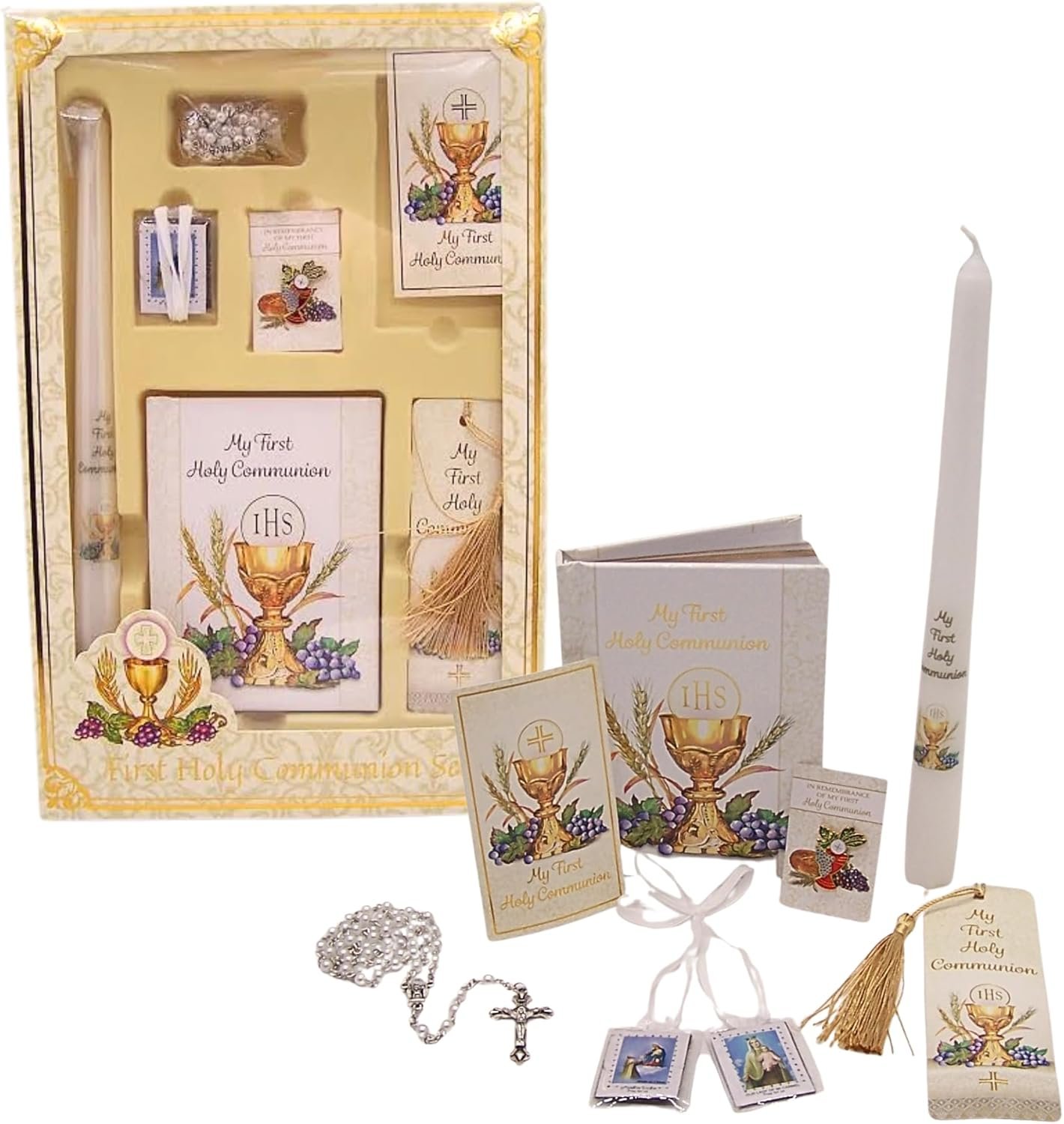 First Holy Communion Gift Set for Girls – Complete Communion Keepsake Kit with Prayer Book, Rosary, Candle, Scapular & Bookmark