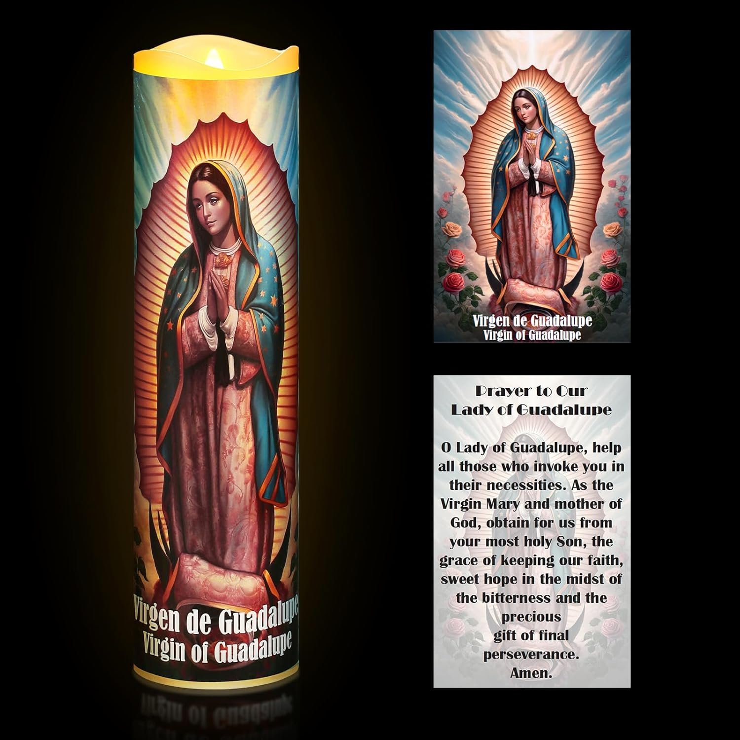 Glooglitter Catholic Prayer Candle and Card Set 8″ LED Flameless Prayer Candle Devotional Religious Card Decoration Gifts for Easter Passover Halloween Christmas Activities(Virgin of Guadalupe)