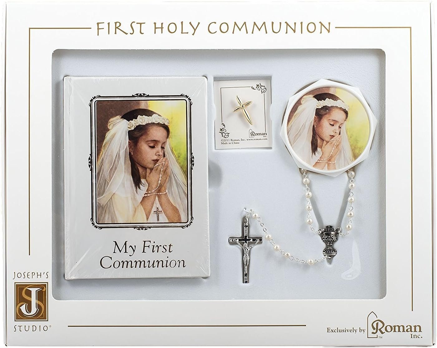 First Holy Communion Book, Lapel Pin, Rosary and Keepsake Box Set for a Girl In Christ