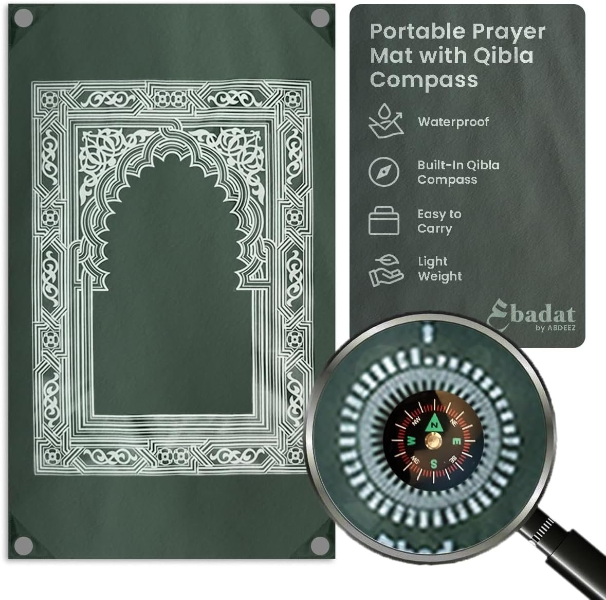 ABDEEZ Portable Travel Prayer Mats | Compass, Weights (Keeps mat in Place), and Pouch, Pocket Size (Green)