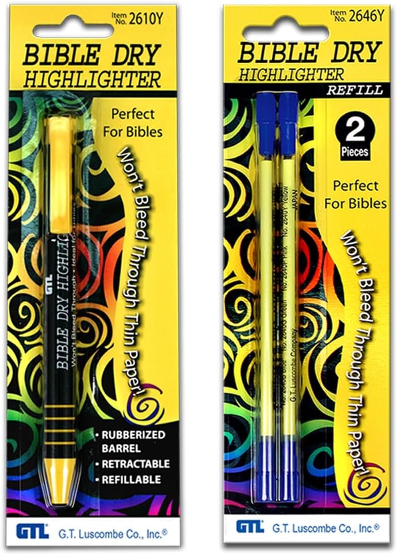 G.T. Luscombe Company, Inc. Bible Dry Refillable Highlighter with 2 Pack of Refills (Yellow)