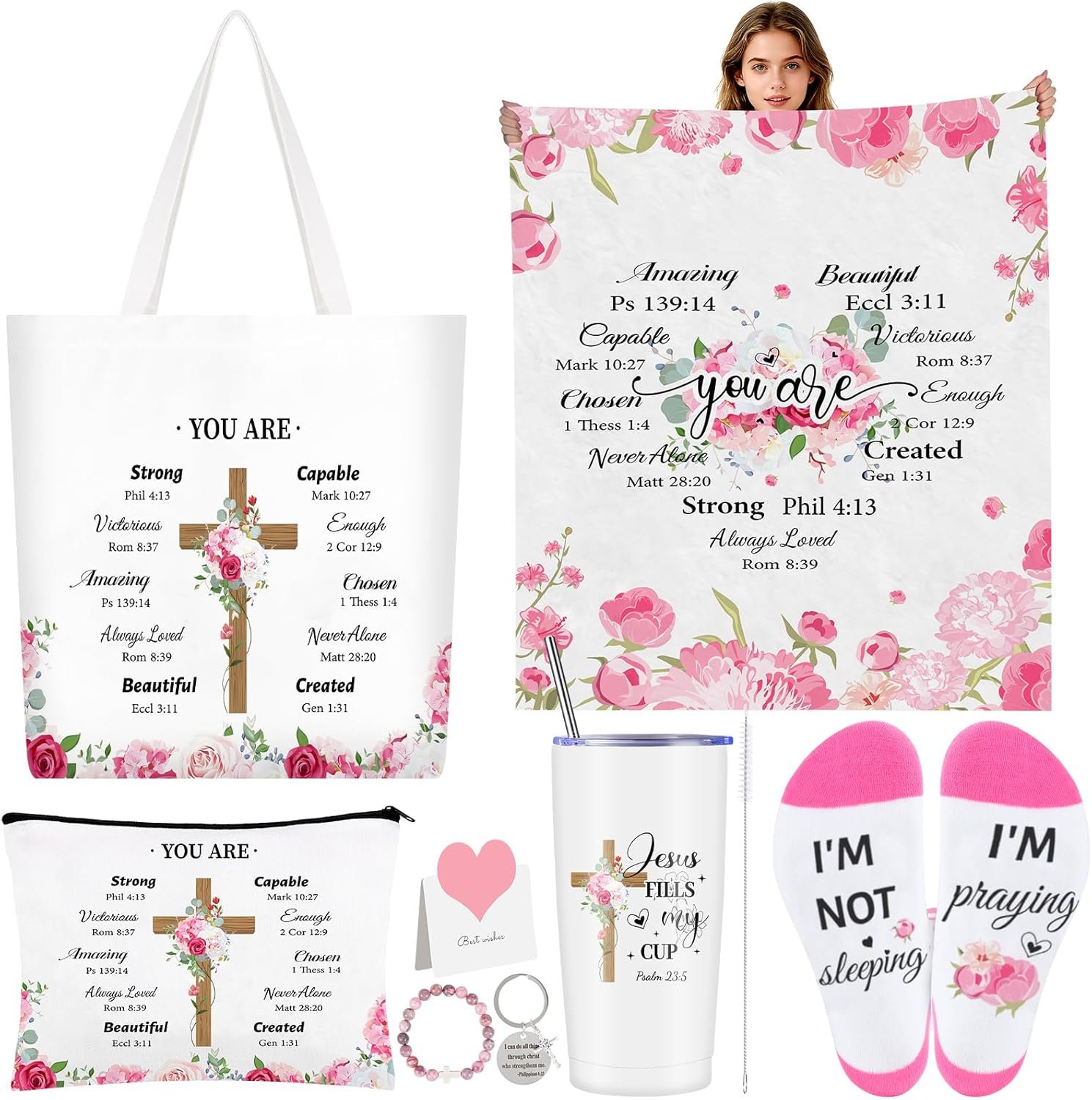 Christian Religious Gifts for Women, Faith Inspirational Gifts, Catholic Spiritual Presents with 20 oz Stainless Steel Tumbler Flannel Blanket Christmas Birthday Present for Mom Wife Friend Sister