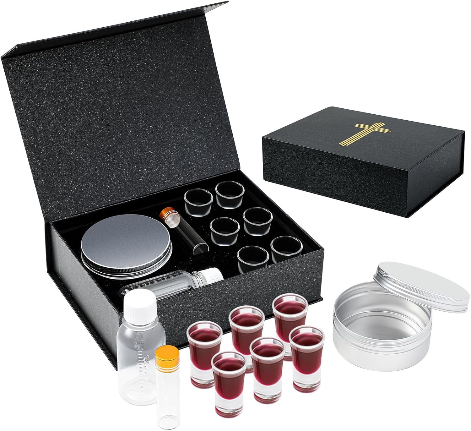 SiliFine Portable Communion Set for Catholic Priests Travel, Hospital, Churches and Home Visit, Include Carrying Case, 6 Glass Communion Cups, Bread Container, Juice Bottle and Anointing Oil Vial