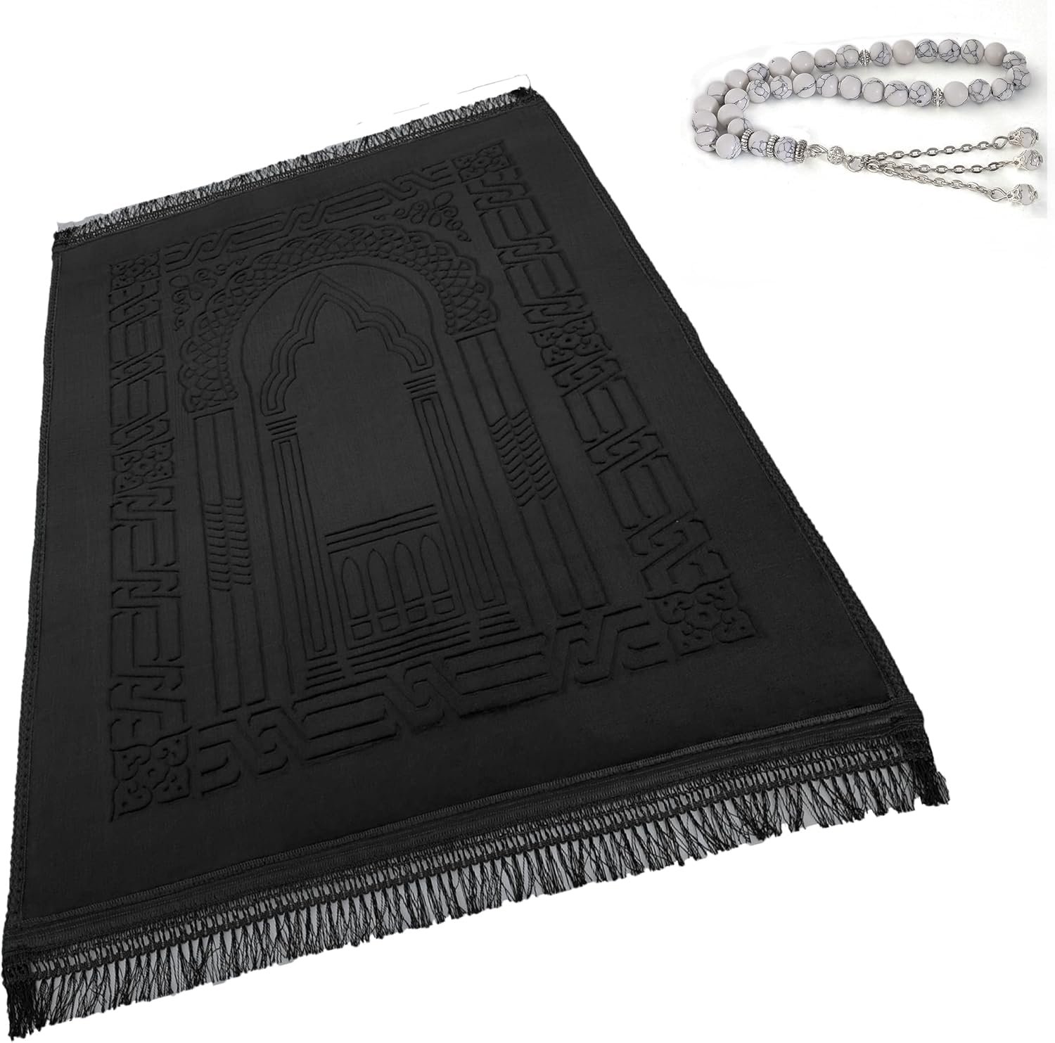 Prayer Rug Muslim Mat Islamic – Thick Large Sajadah for Kids Men Women with Islam Prayer Beads for Eid Travel Ramadan, Soft Luxury and Great for Knees and Forehead (Black)