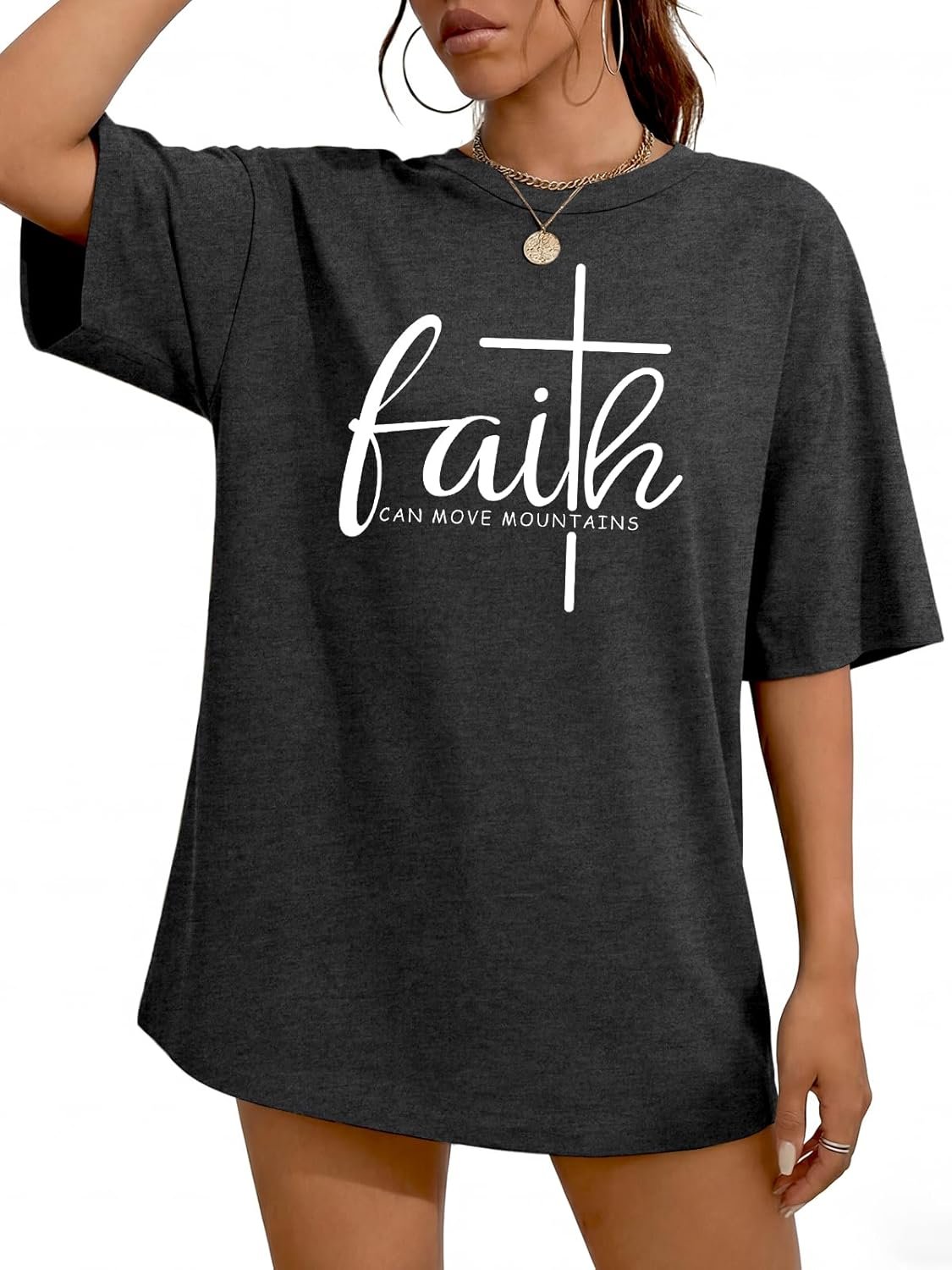 Christian Shirts for Women Oversized Faith Can Move Mountains Shirt Religious Jesus Faith Tshirt Bible Verse Graphics Tees