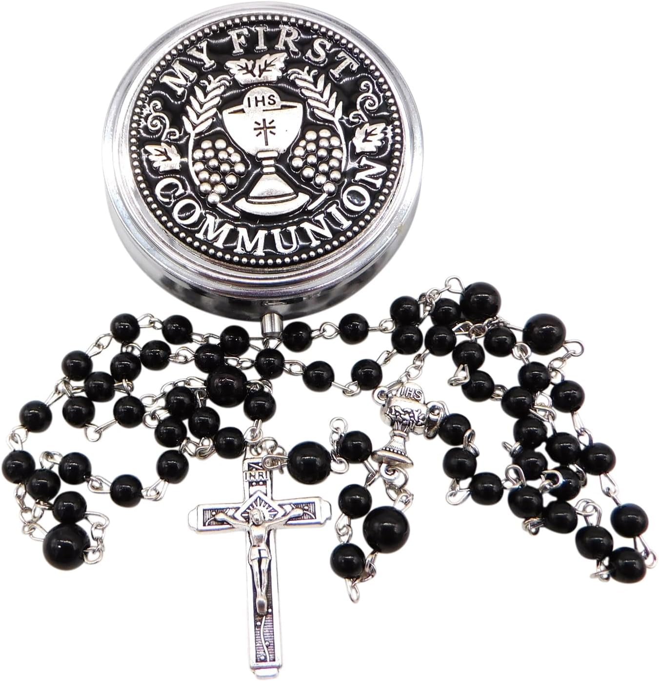 Westmon Works First Communion Black Rosary Set in a Protective Metal Case for Him