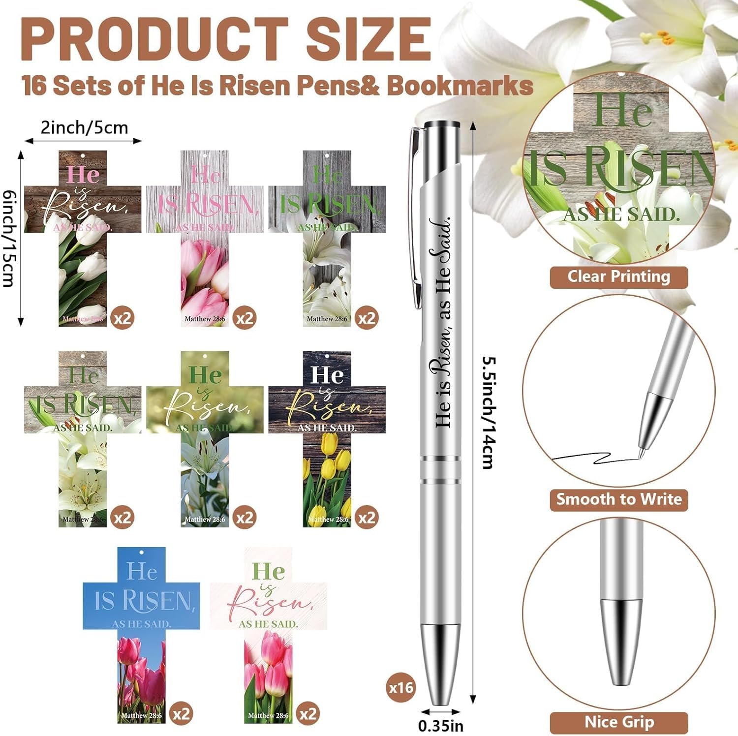 16 Sets He is Risen Christian Gifts Include He is Risen Christian Pens and Religious Floral Bookmarks Cross Bookmarks for Easter Church Supplies School Reading Rewards Party Giveaways