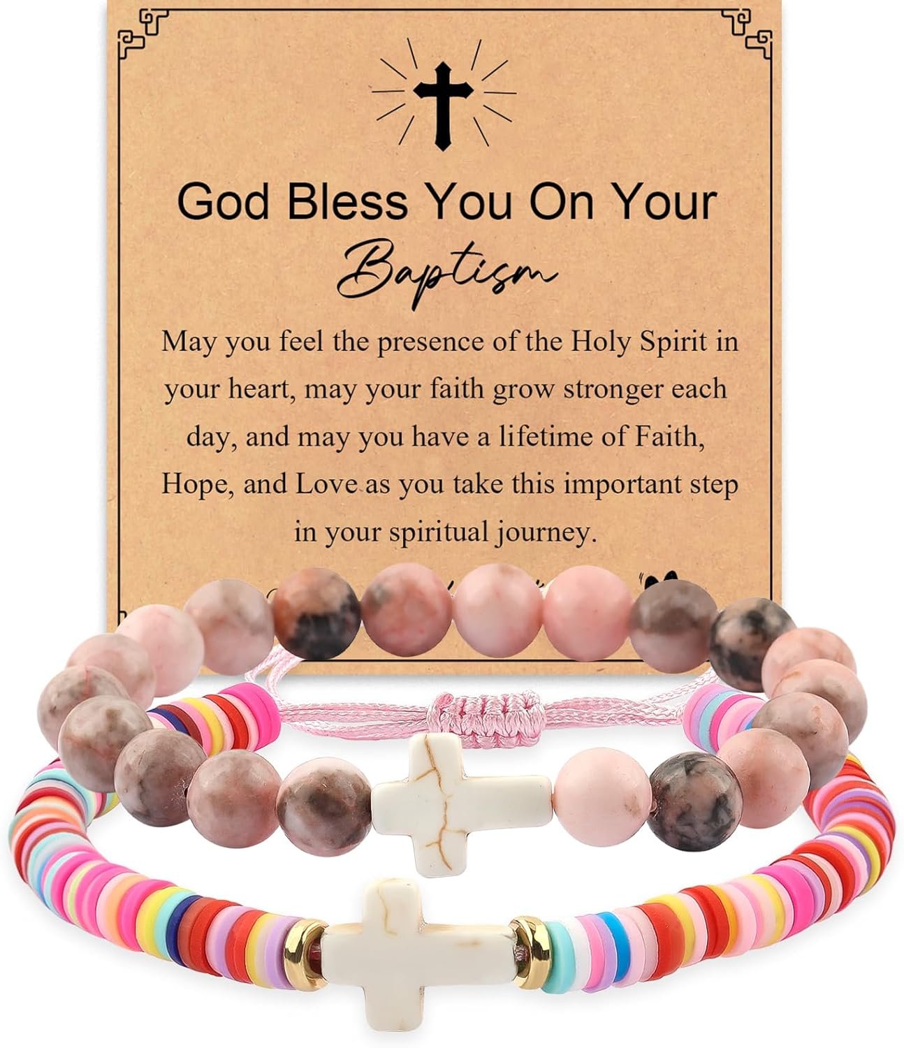 Cross Bracelet Baptism Gifts Easter Basket Stuffers First Communion Adjustable Clay and Stone Christ Holy Water Bracelet Faith Jewelry for Daughter Granddaughter Niece