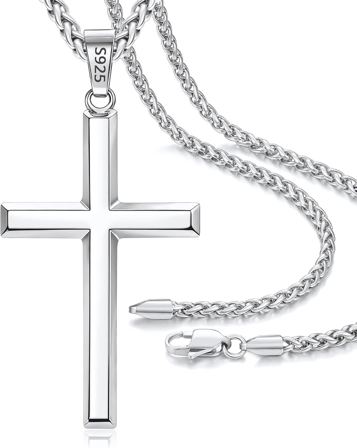 925 Sterling Silver Cross Necklace for Men Boys, 14k Gold Plated Sterling Silver Cross Necklace with 3mm 316L Stainless Steel Wheat Chain Necklaces for Men Boys Women 16-26 Inch