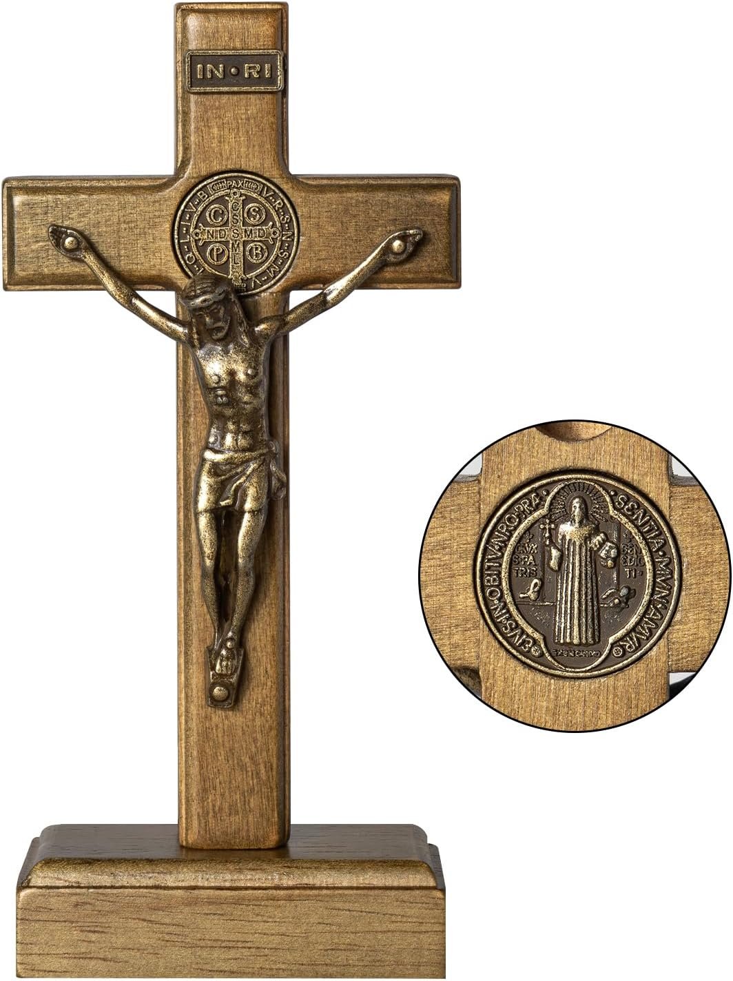 KUXBET Wood Standing Cross 5inch Small Crucifix – Jesus Christ Wall Cross Crucifix for Table or Wall Decor Home Decoration (5.5″ L x 2.4″ W)